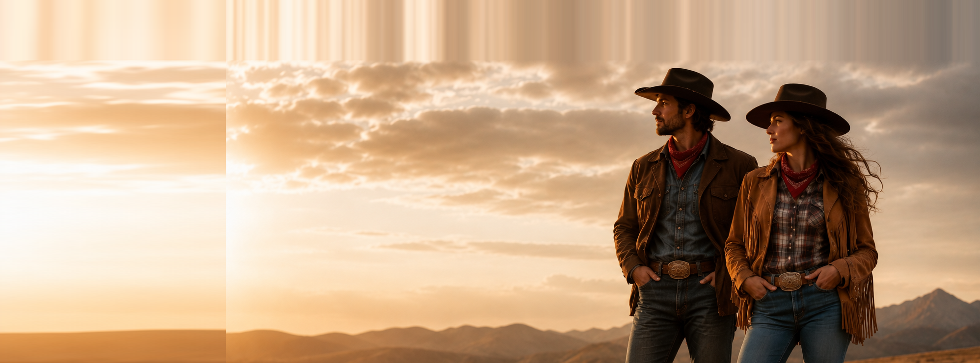Cowboy och cowgirl i solnedgång – western mode