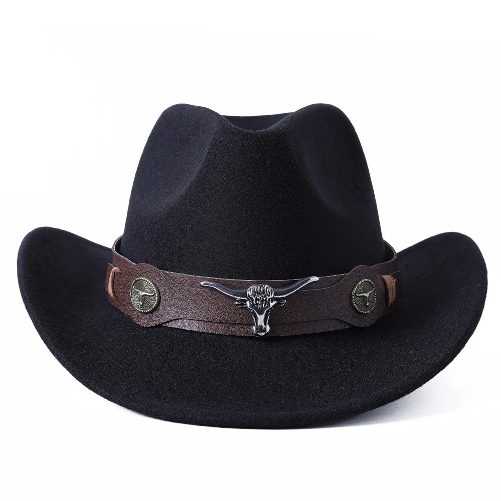 Cowboyhatt i filt med tjurhuvud, enfärgad