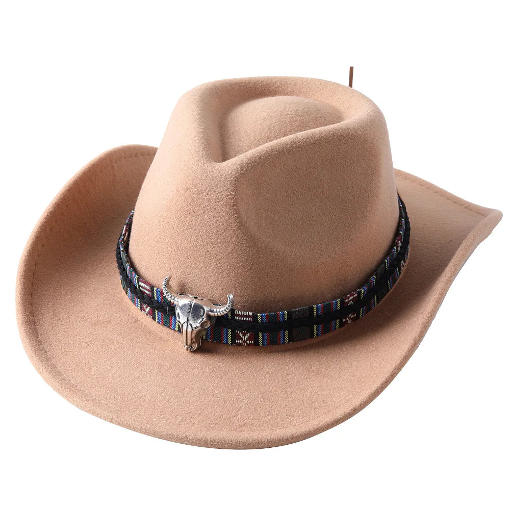 Cowboyhatt i filt med tjurhuvud, enfärgad