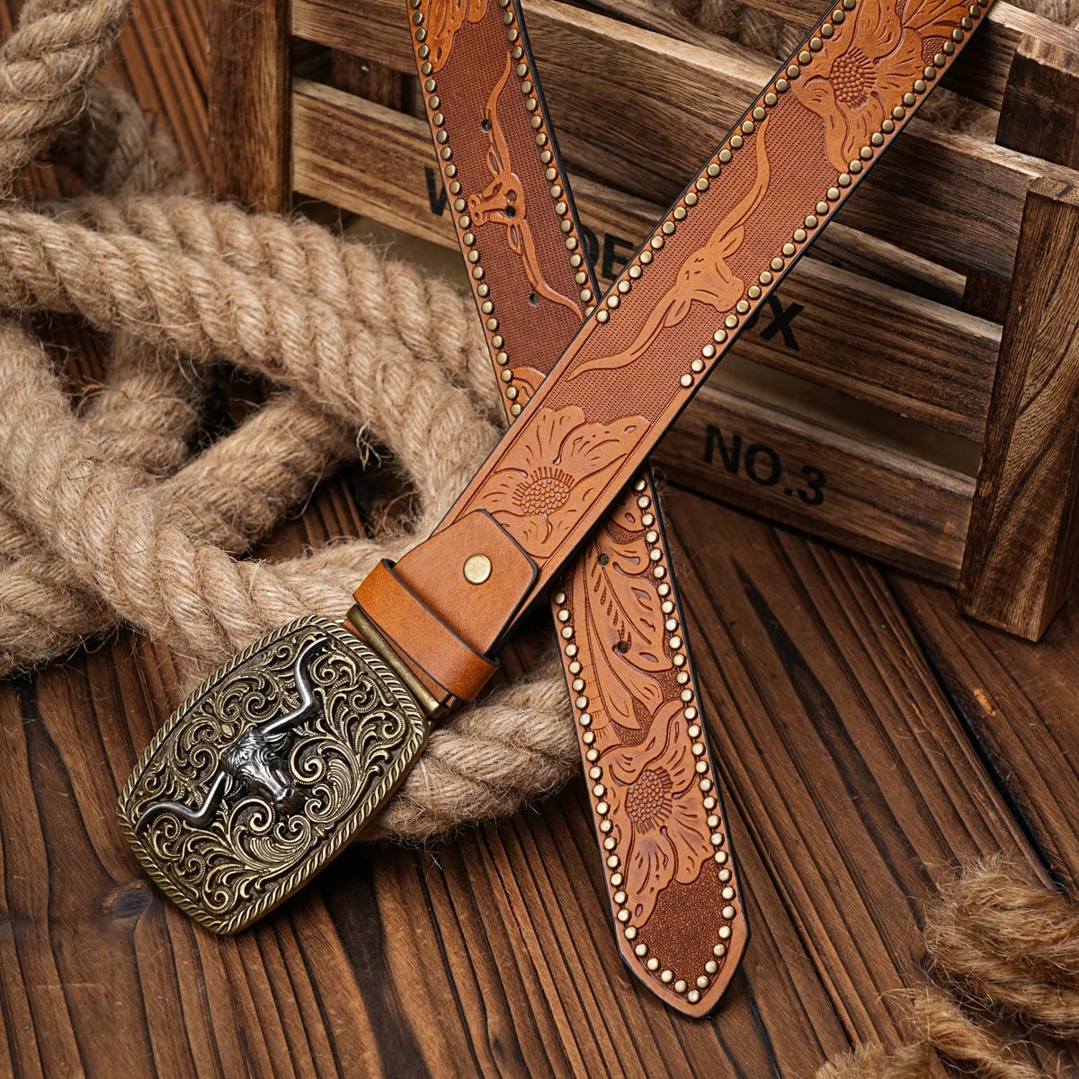 Blommigt cowboybälte i PU-läder, graverat spänne