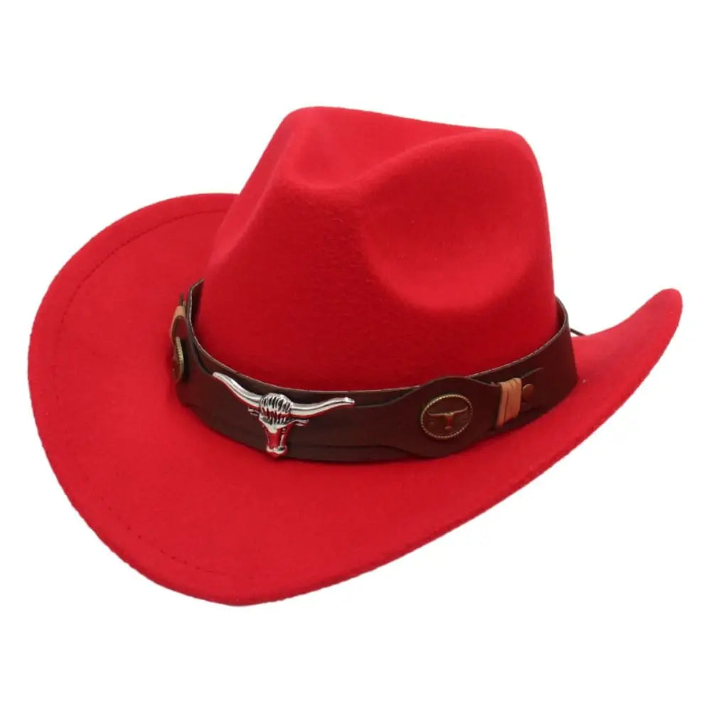 Cowboyhatt i filt med tjurhuvud och hattband