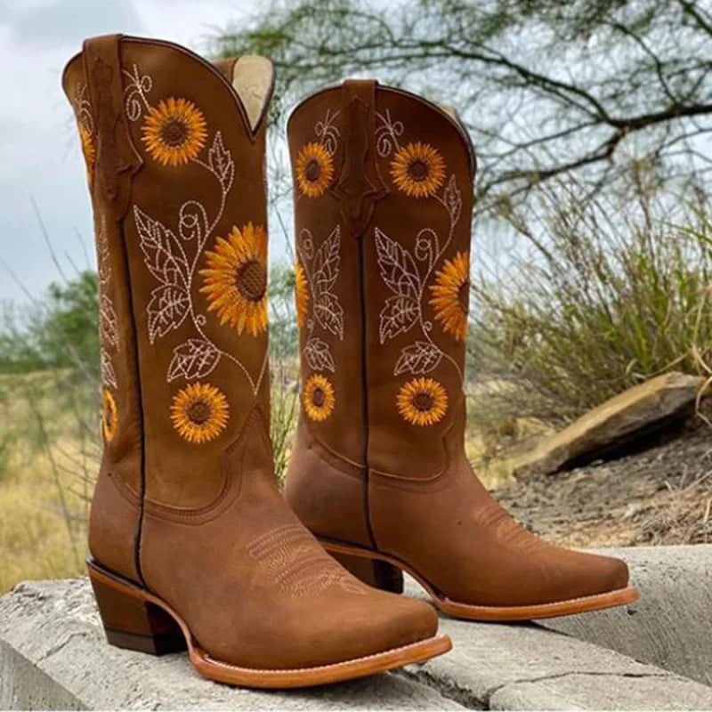 Broderade cowboyboots, brun (dam)
