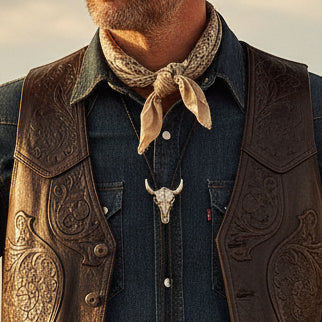 Bolo tie i konstläder med tjurhuvud