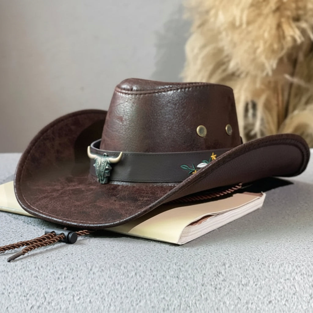 Cowboyhatt i konstläder med tjurhuvud