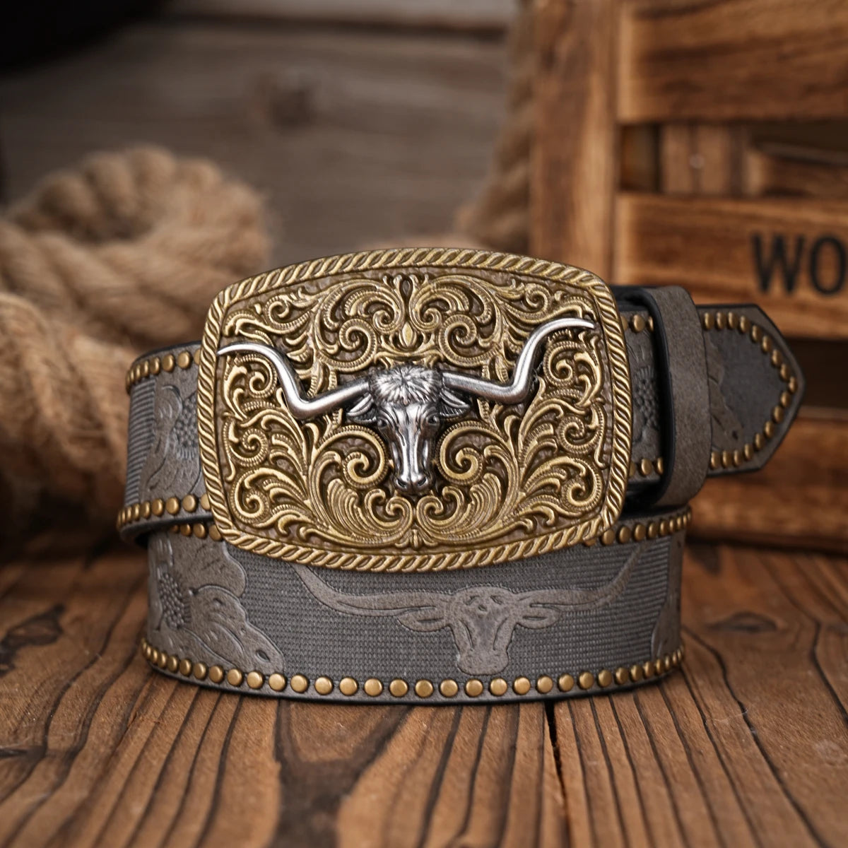 Blommigt cowboybälte i PU-läder, graverat spänne
