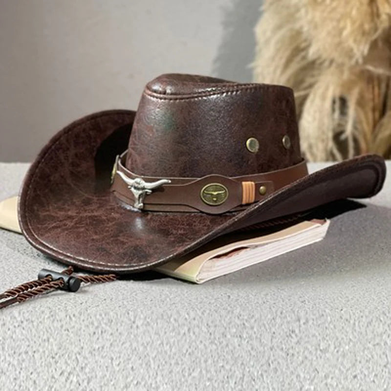 Cowboyhatt i konstläder med tjurhuvud
