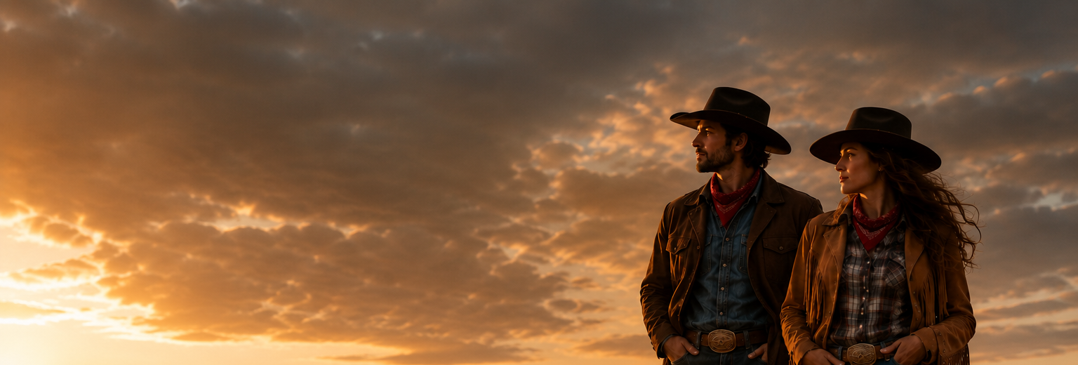 Cowboy och cowgirl i solnedgång – western mode